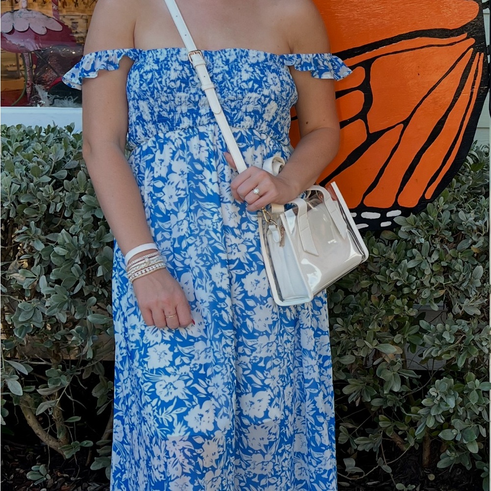 Blue and White Floral Off-Shoulder Dress